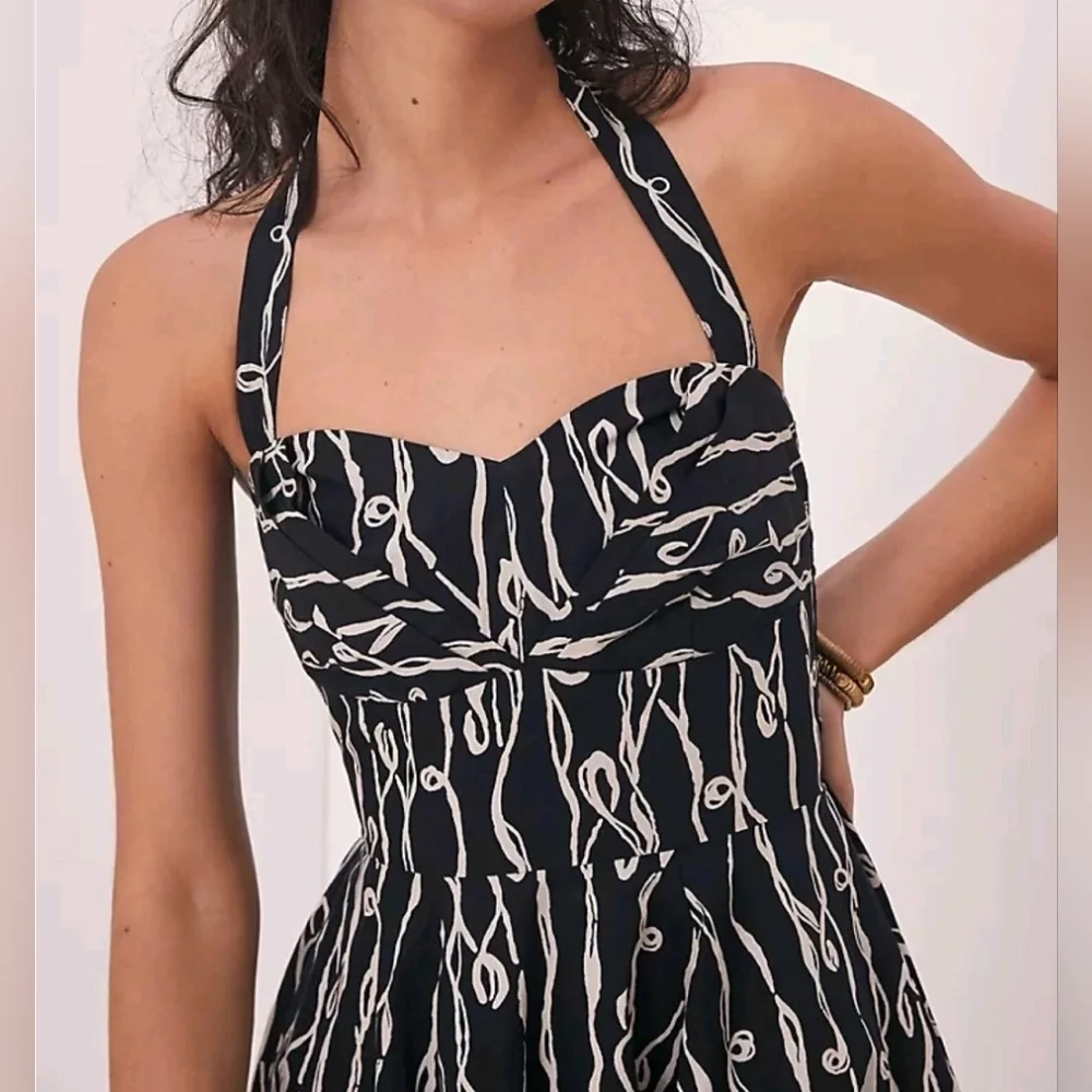 Anthropologie Girls of Savoy Cerys Dress Size 0 Halter 60s Black White Midi - Picture 3 of 10